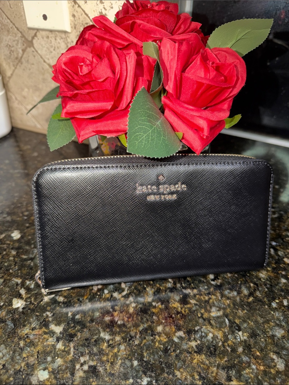 kate spade Black Zip Around Saffiano Leather Wallet